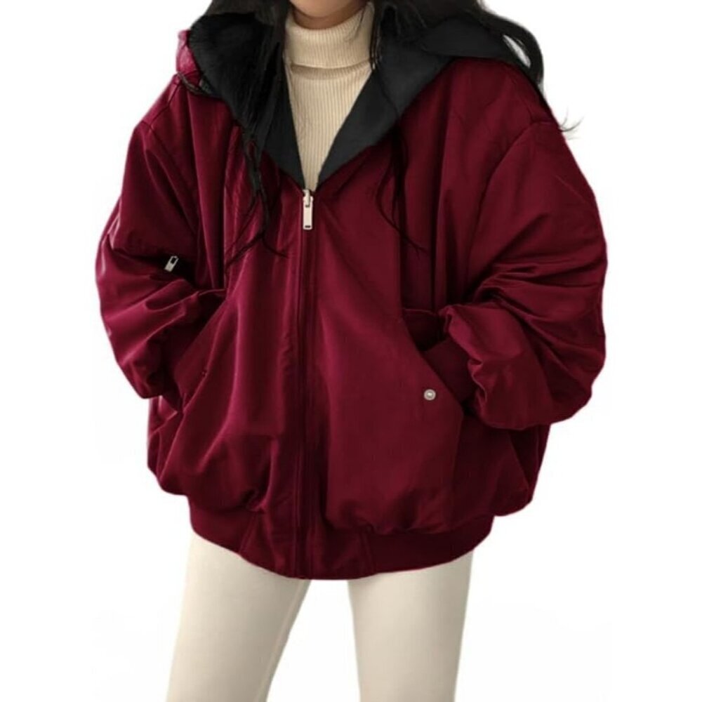 Women's Winter Coats Puffer Long Sleeve Oversized Full Zipper Warm Jackets Red